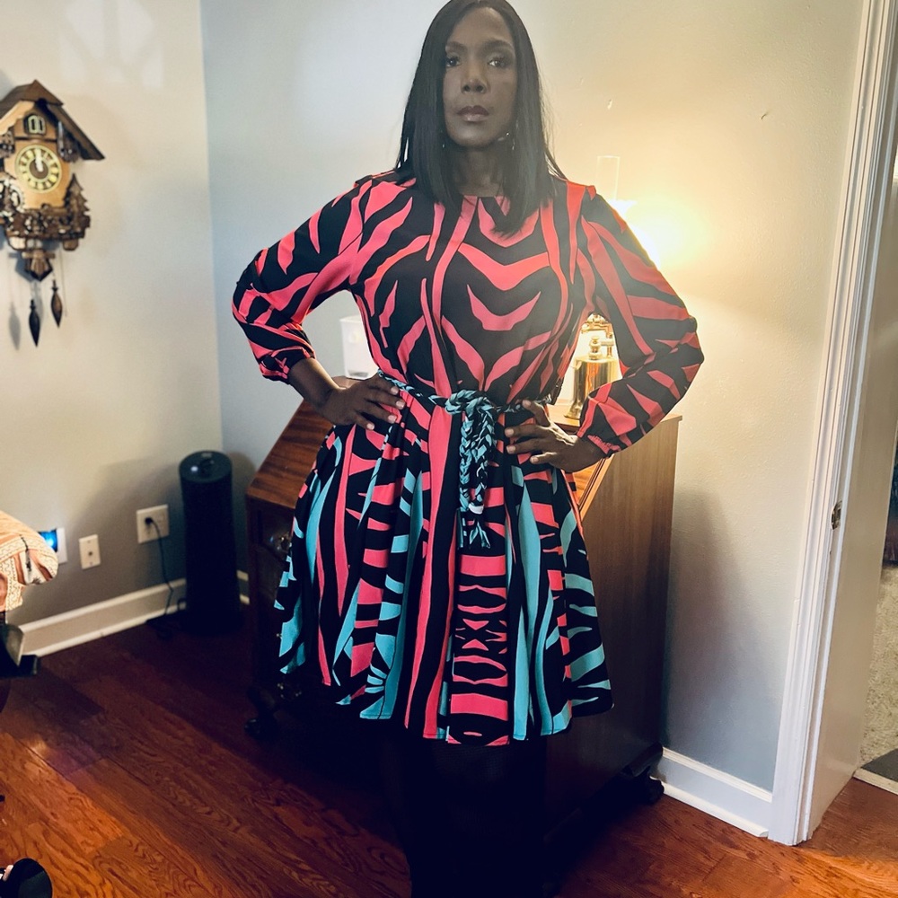 Black and Pink Tiered Mini Dress with Bishop Sleeves